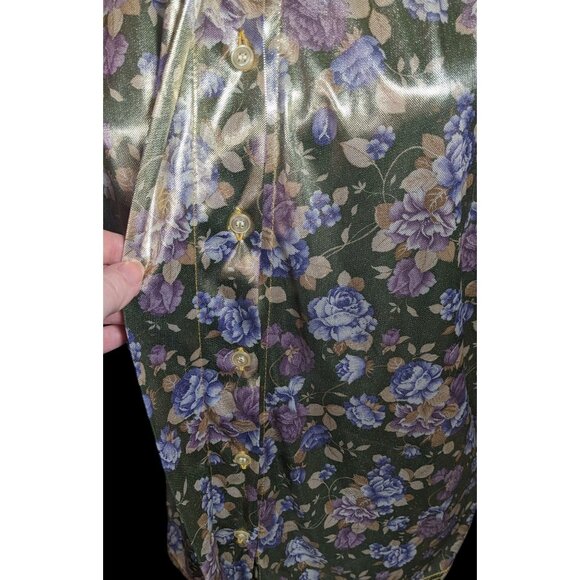 Shara Vintage Metallic Floral Slick Feel Button Up Blouse With Shoulder Pads - Picture 9 of 12